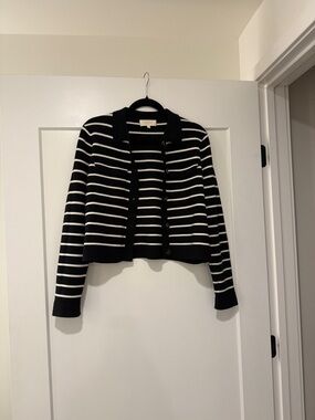 Striped Black and White Button-Up Women's Sweater Cardigan